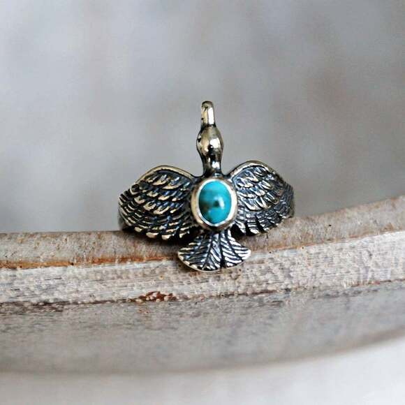 Boho Chic Native American Guardian Hawk Turquoise Ring: Size 7, 8,10, Gift Box - Picture 10 of 12